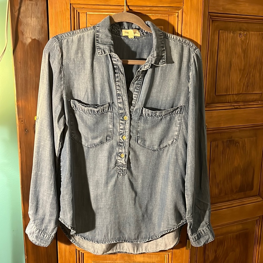 Cloth & Stone Tencel‎ Chambray Drape Back Roll Tab Sleeve Blue Shirt Sz M